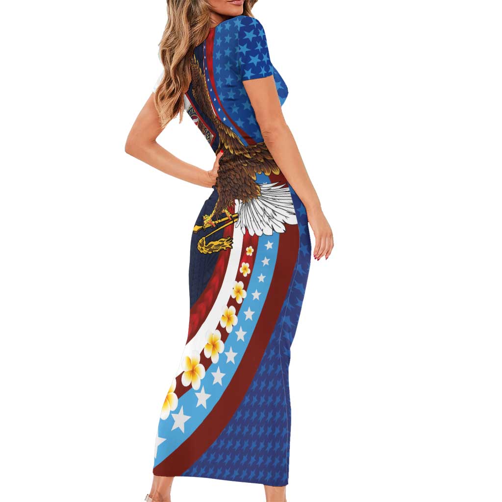 American Samoa and United States Semiquincentennial Short Sleeve Bodycon Dress Bald Eagle with National Flag Style LT03 - Polynesian Pride