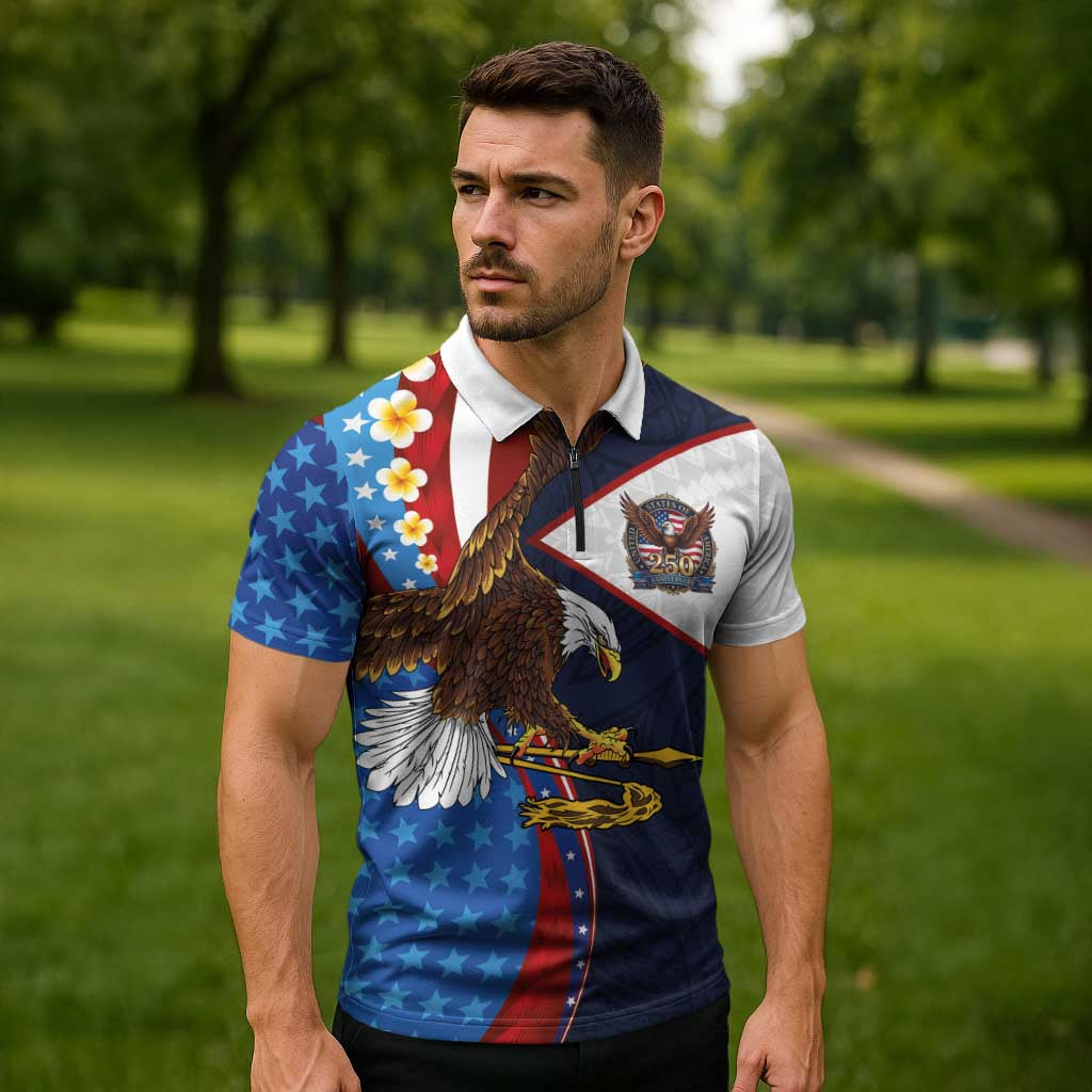 American Samoa and United States Semiquincentennial Zipper Polo Shirt Bald Eagle with National Flag Style