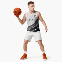 Custom Fijian Rugby Basketball Jersey Tapa Pattern and Palm Tree Tribal