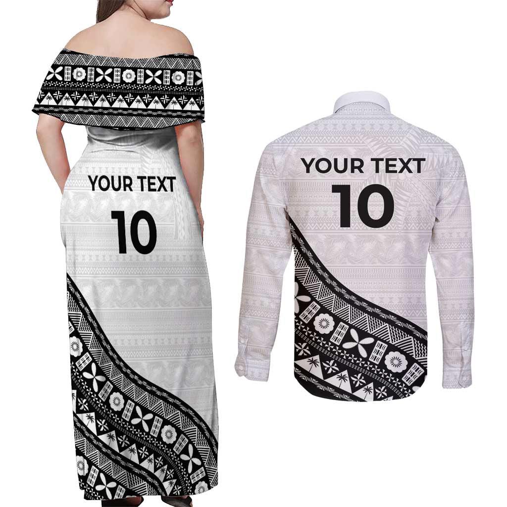 Custom Fijian Rugby Couples Matching Off Shoulder Maxi Dress and Long Sleeve Button Shirt Tapa Pattern and Palm Tree Tribal