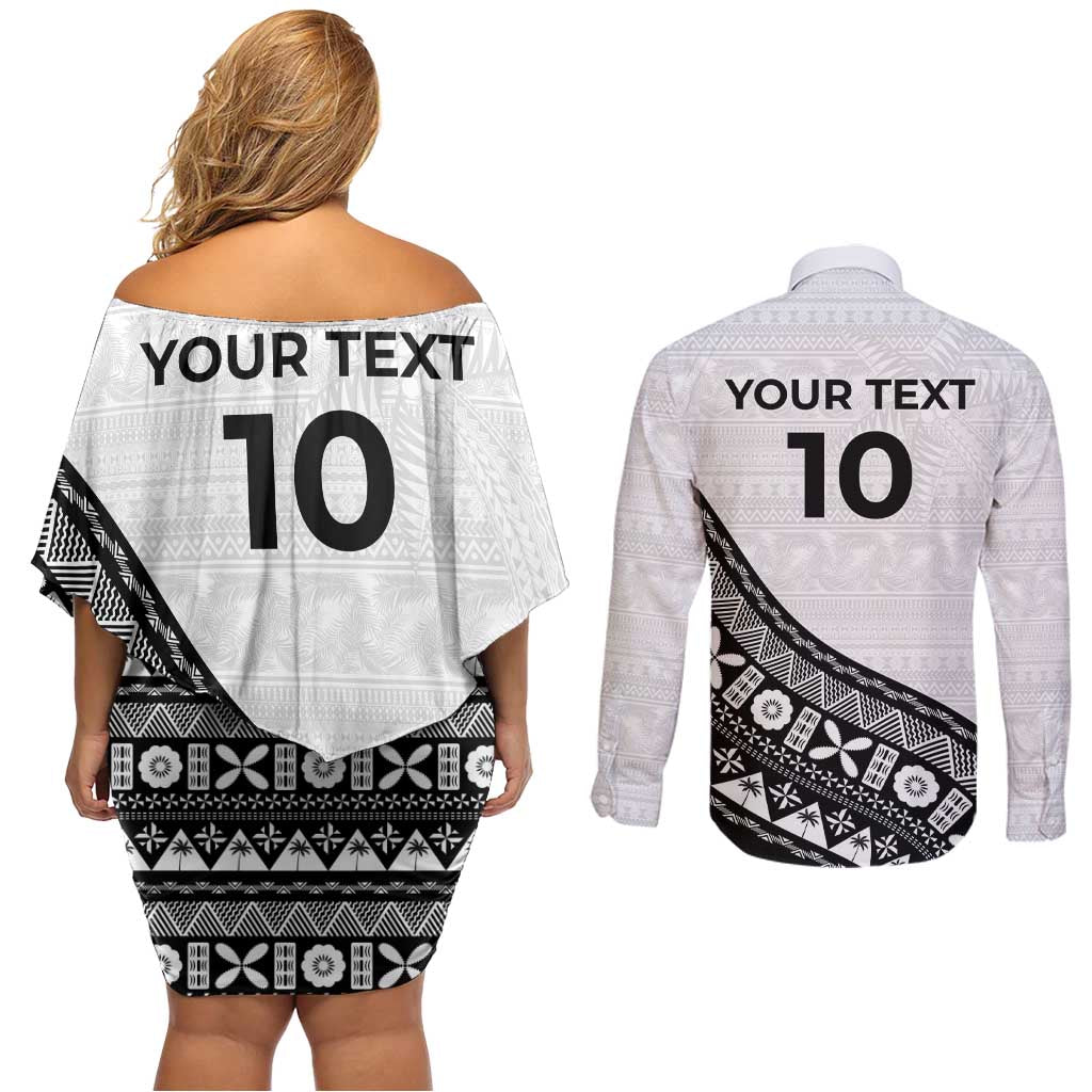 Custom Fijian Rugby Couples Matching Off Shoulder Short Dress and Long Sleeve Button Shirt Tapa Pattern and Palm Tree Tribal