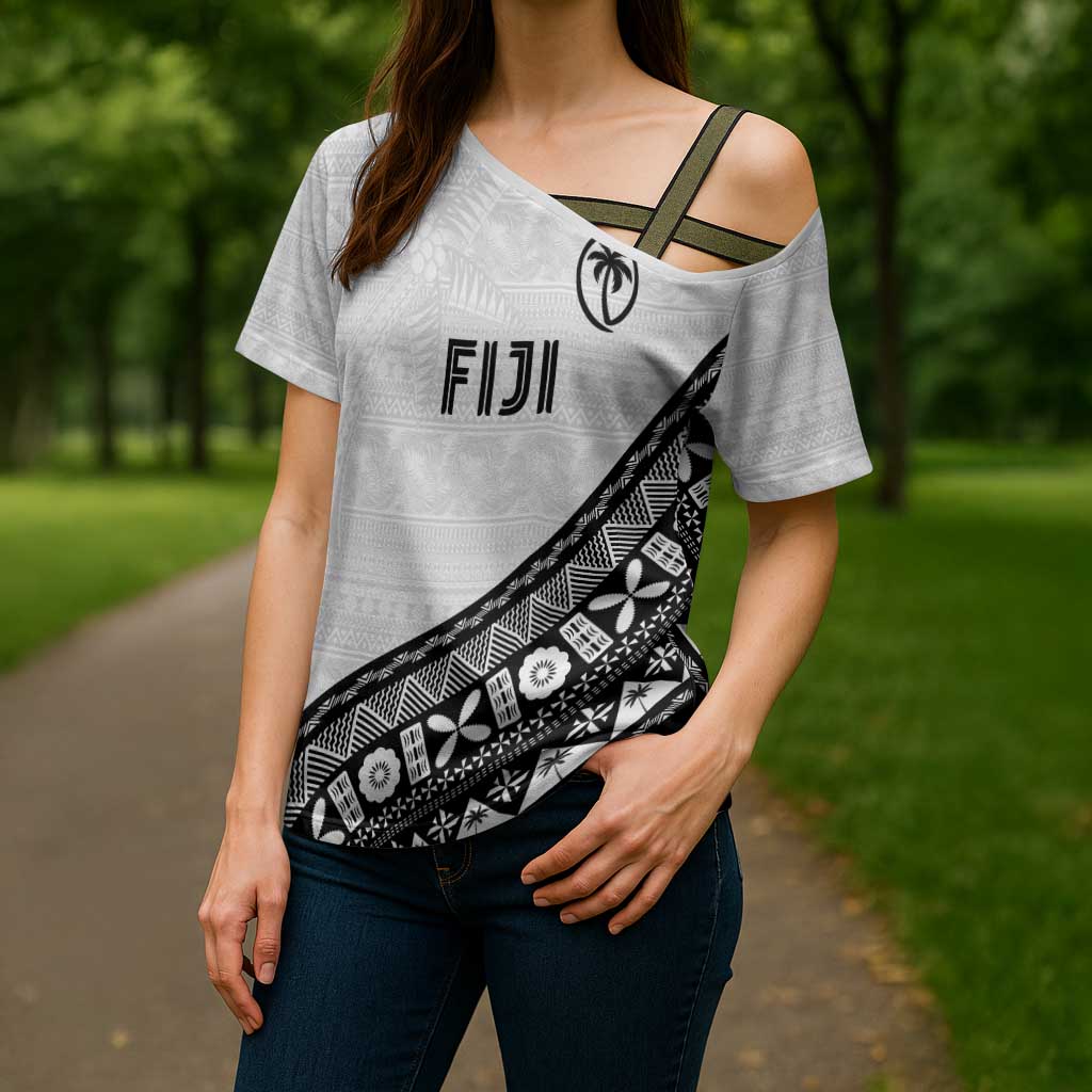 Custom Fijian Rugby Cross Shoulder Shirt Tapa Pattern and Palm Tree Tribal