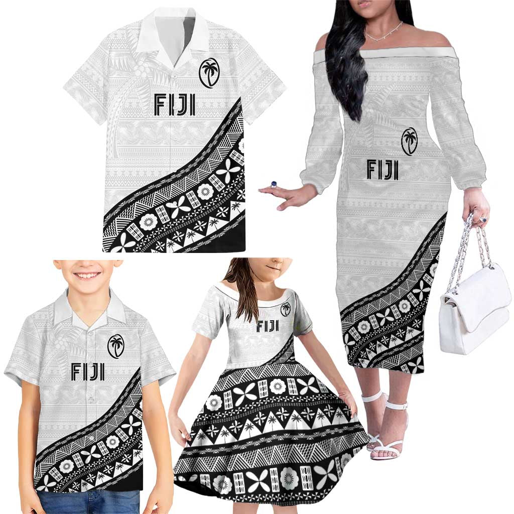 Custom Fijian Rugby Family Matching Off The Shoulder Long Sleeve Dress and Hawaiian Shirt Tapa Pattern and Palm Tree Tribal