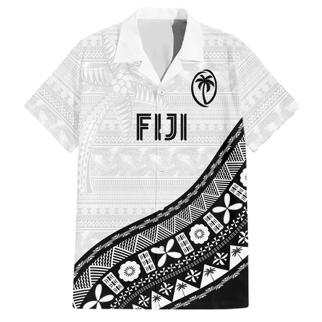 Custom Fijian Rugby Family Matching Off The Shoulder Long Sleeve Dress and Hawaiian Shirt Tapa Pattern and Palm Tree Tribal LT03 Dad's Shirt - Short Sleeve White - Polynesian Pride