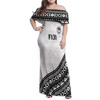 Custom Fijian Rugby Family Matching Off Shoulder Maxi Dress and Hawaiian Shirt Tapa Pattern and Palm Tree Tribal LT03 Mom's Dress White - Polynesian Pride