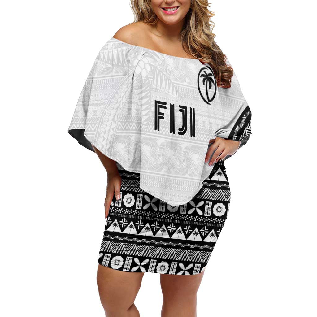 Custom Fijian Rugby Family Matching Off Shoulder Short Dress and Hawaiian Shirt Tapa Pattern and Palm Tree Tribal LT03 Mom's Dress White - Polynesian Pride