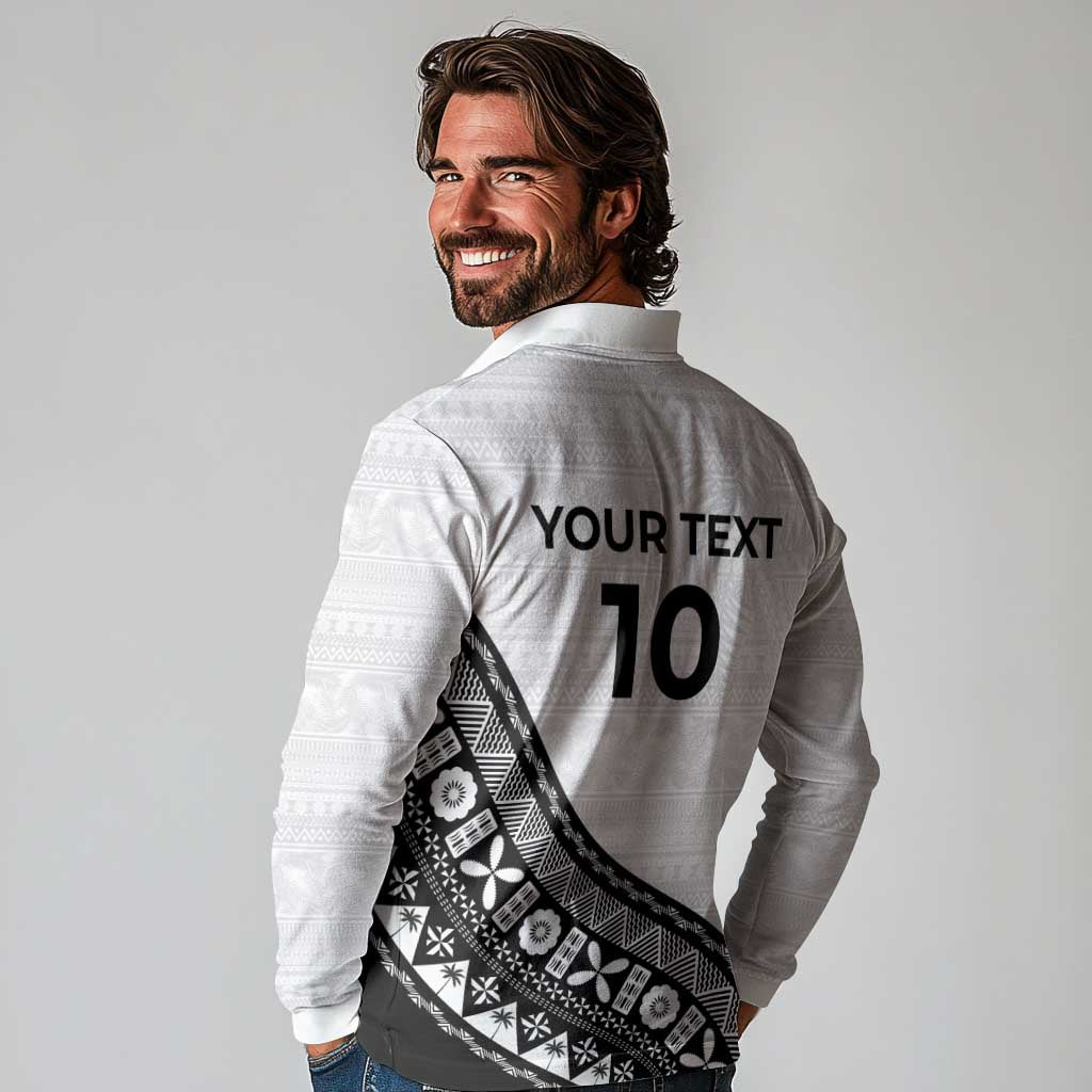 Custom Fijian Rugby Long Sleeve Polo Shirt Tapa Pattern and Palm Tree Tribal