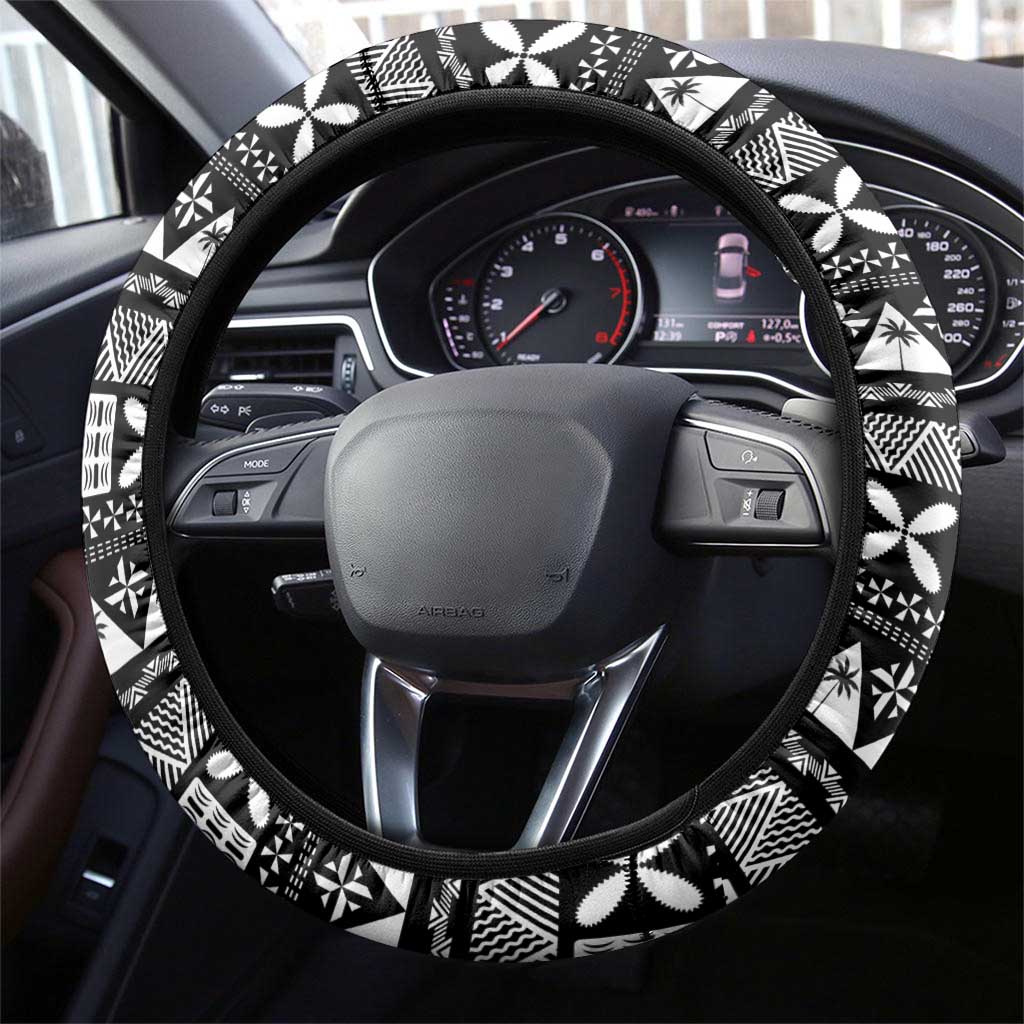 Fijian Rugby Steering Wheel Cover Tapa Pattern and Palm Tree Tribal