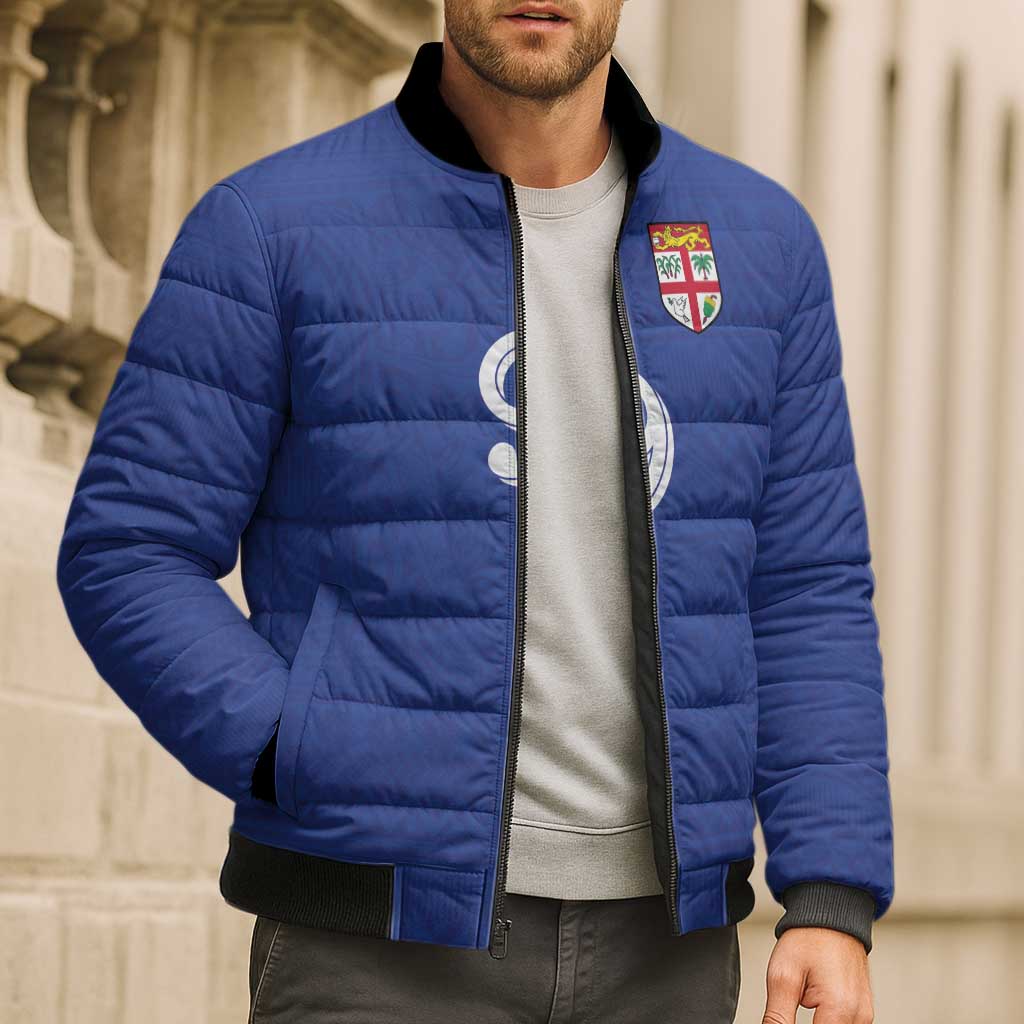 Custom Fijian Football Bomber Puffer Jacket Tapa Pattern and Shark Tribal