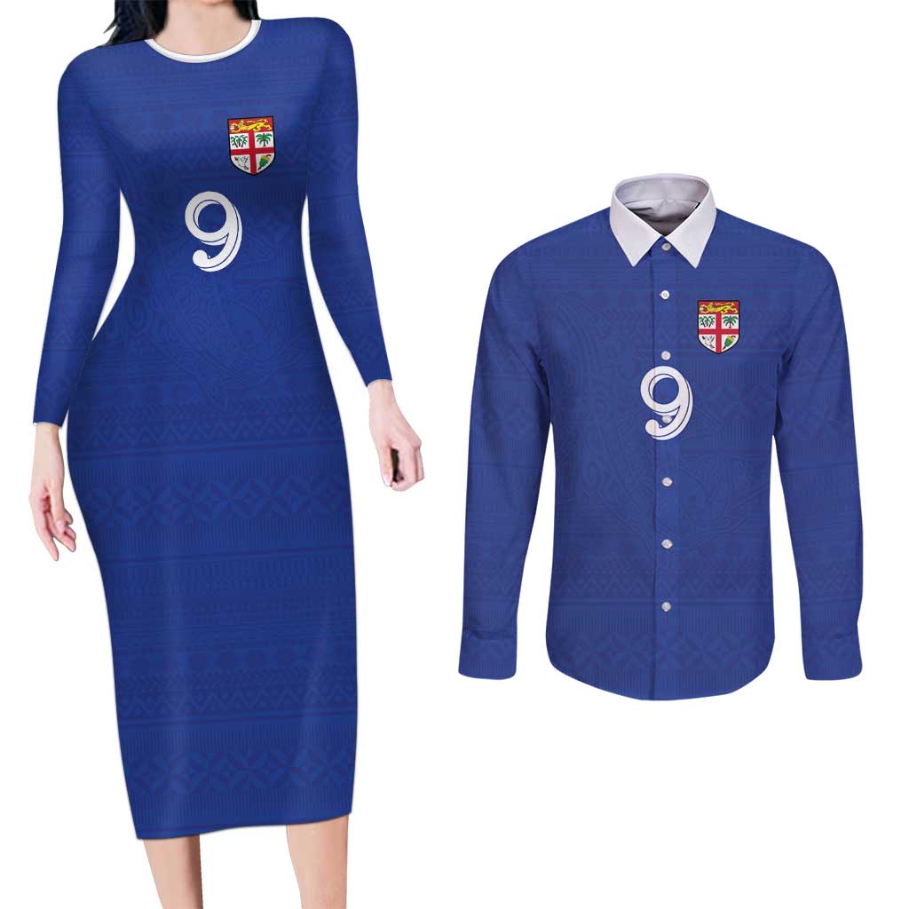 Custom Fijian Football Couples Matching Long Sleeve Bodycon Dress and Long Sleeve Button Shirt Tapa Pattern and Shark Tribal LT03 Blue - Polynesian Pride