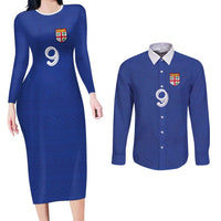 Custom Fijian Football Couples Matching Long Sleeve Bodycon Dress and Long Sleeve Button Shirt Tapa Pattern and Shark Tribal LT03 Blue - Polynesian Pride