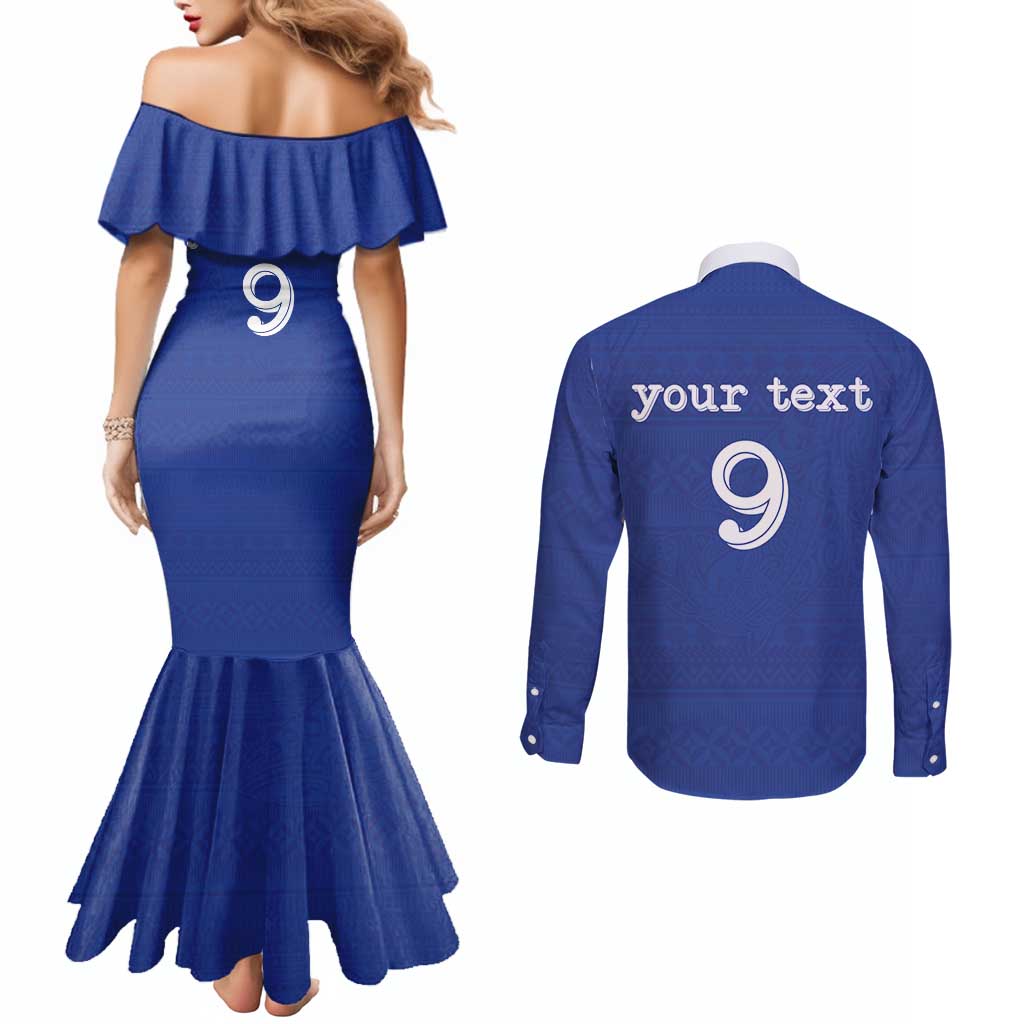 Custom Fijian Football Couples Matching Mermaid Dress and Long Sleeve Button Shirt Tapa Pattern and Shark Tribal LT03 - Polynesian Pride