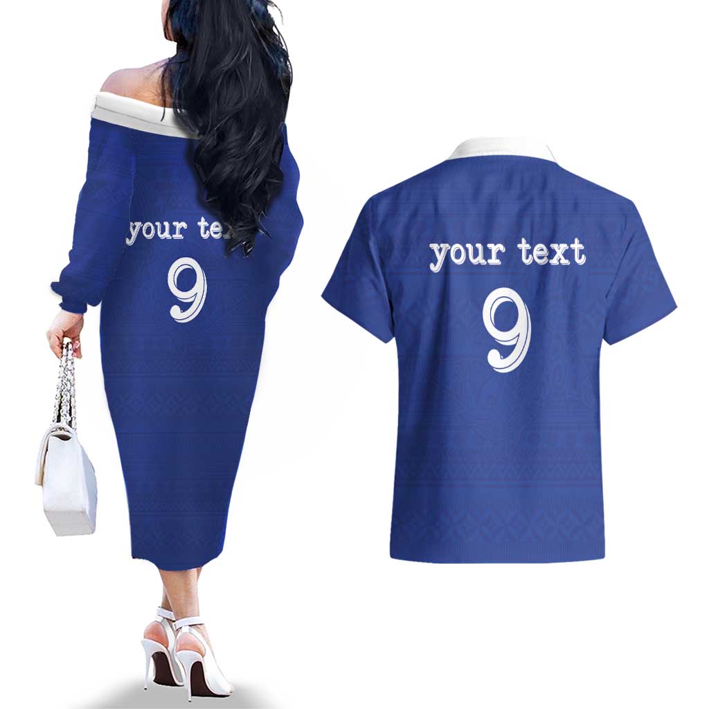 Custom Fijian Football Couples Matching Off The Shoulder Long Sleeve Dress and Hawaiian Shirt Tapa Pattern and Shark Tribal LT03 - Polynesian Pride