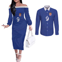 Custom Fijian Football Couples Matching Off The Shoulder Long Sleeve Dress and Long Sleeve Button Shirt Tapa Pattern and Shark Tribal LT03 Blue - Polynesian Pride