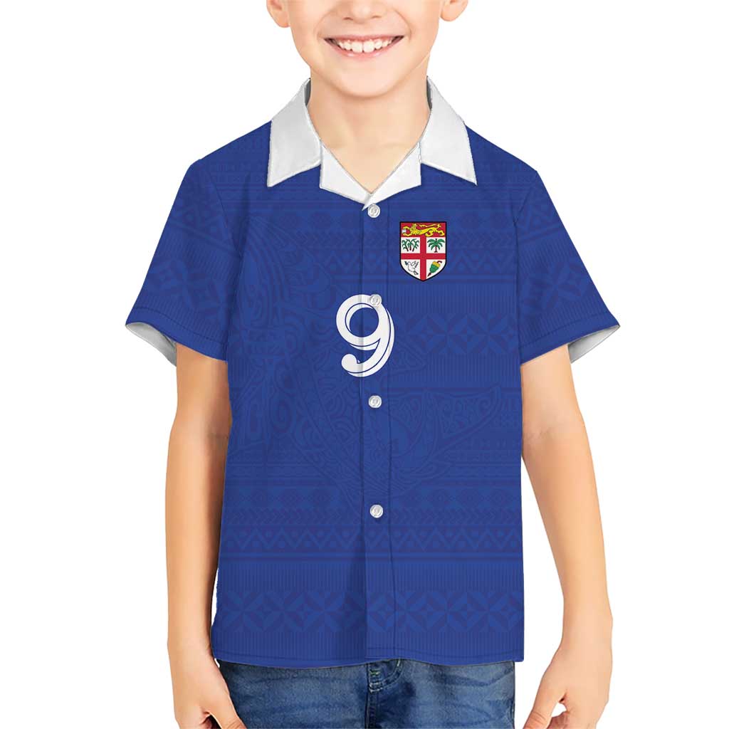 Custom Fijian Football Family Matching Puletasi and Hawaiian Shirt Tapa Pattern and Shark Tribal LT03 Son's Shirt Blue - Polynesian Pride
