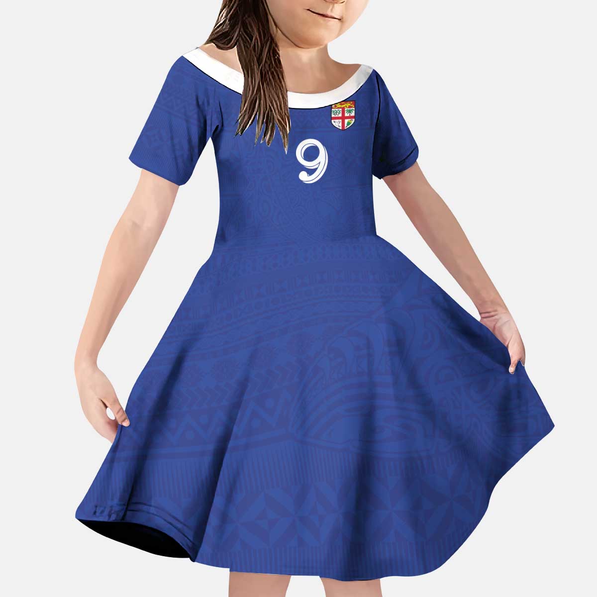 Custom Fijian Football Kid Short Sleeve Dress Tapa Pattern and Shark Tribal
