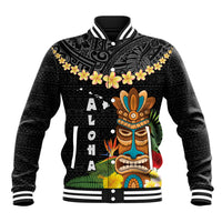 Hawaii Plumeria Lei Baseball Jacket Tiki and Kakau Pattern Black Color