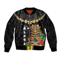 Hawaii Plumeria Lei Bomber Jacket Tiki and Kakau Pattern Black Color