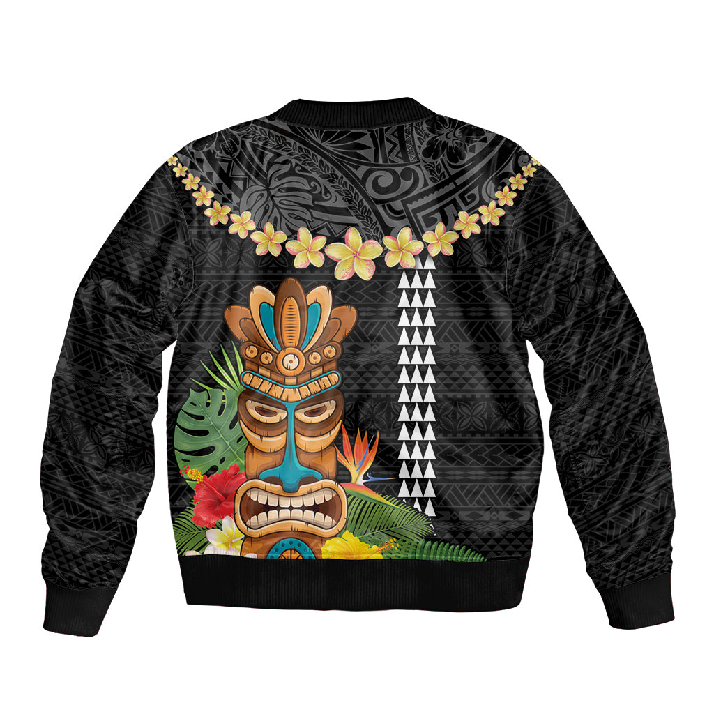 Hawaii Plumeria Lei Bomber Jacket Tiki and Kakau Pattern Black Color