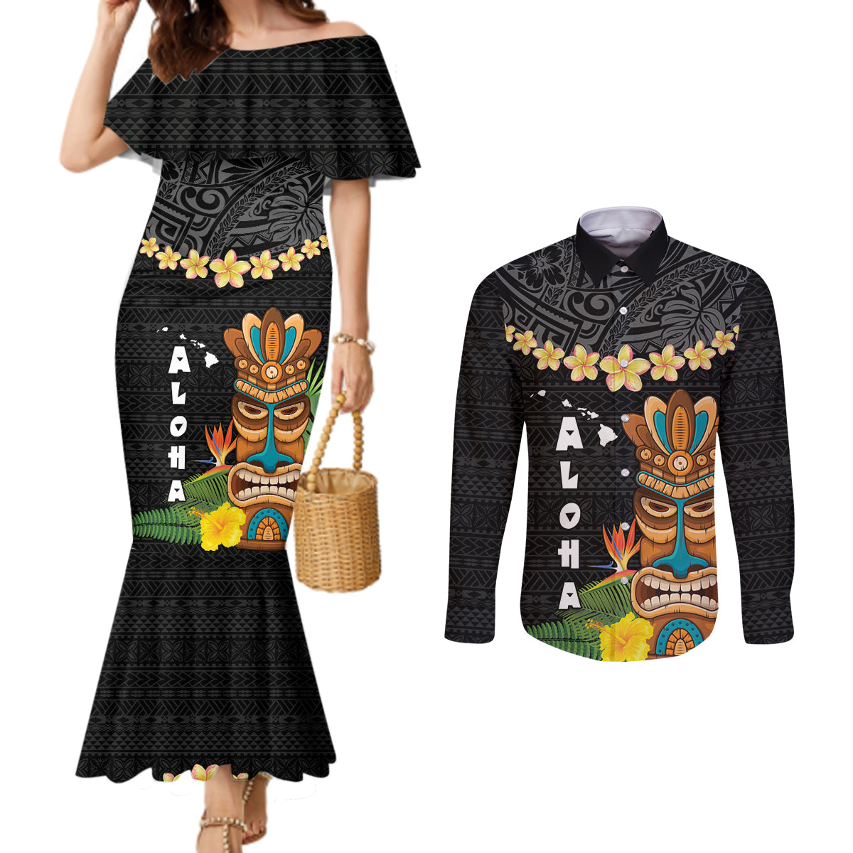 Hawaii Plumeria Lei Couples Matching Mermaid Dress and Long Sleeve Button Shirt Tiki and Kakau Pattern Black Color