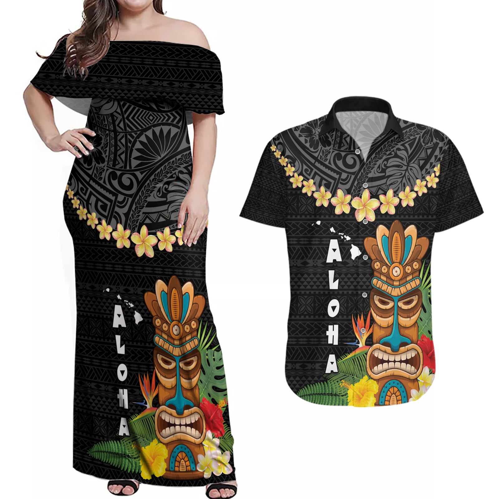 Hawaii Plumeria Lei Couples Matching Off Shoulder Maxi Dress and Hawaiian Shirt Tiki and Kakau Pattern Black Color