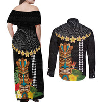 Hawaii Plumeria Lei Couples Matching Off Shoulder Maxi Dress and Long Sleeve Button Shirt Tiki and Kakau Pattern Black Color
