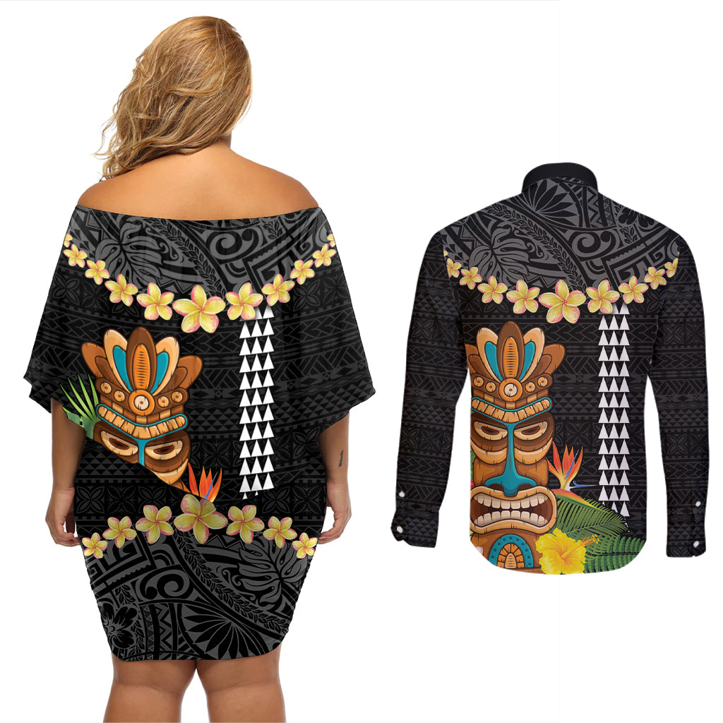 Hawaii Plumeria Lei Couples Matching Off Shoulder Short Dress and Long Sleeve Button Shirt Tiki and Kakau Pattern Black Color