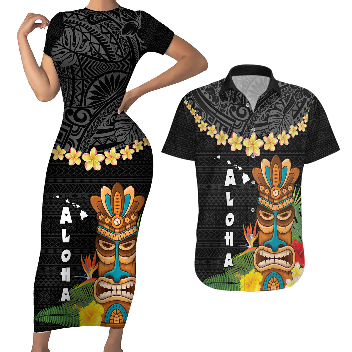 Hawaii Plumeria Lei Couples Matching Short Sleeve Bodycon Dress and Hawaiian Shirt Tiki and Kakau Pattern Black Color LT03 Black - Polynesian Pride