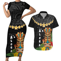 Hawaii Plumeria Lei Couples Matching Short Sleeve Bodycon Dress and Hawaiian Shirt Tiki and Kakau Pattern Black Color LT03 Black - Polynesian Pride
