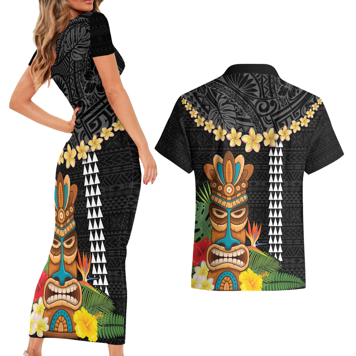 Hawaii Plumeria Lei Couples Matching Short Sleeve Bodycon Dress and Hawaiian Shirt Tiki and Kakau Pattern Black Color LT03 - Polynesian Pride