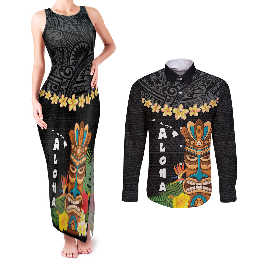Hawaii Plumeria Lei Couples Matching Tank Maxi Dress and Long Sleeve Button Shirt Tiki and Kakau Pattern Black Color
