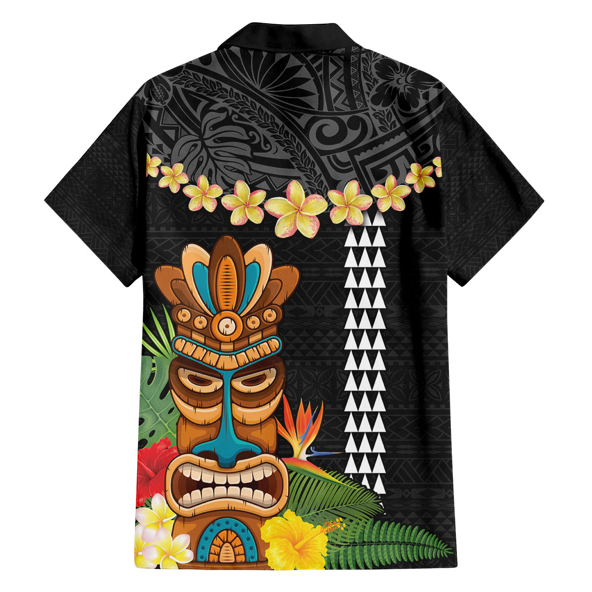 Hawaii Plumeria Lei Family Matching Off Shoulder Maxi Dress and Hawaiian Shirt Tiki and Kakau Pattern Black Color