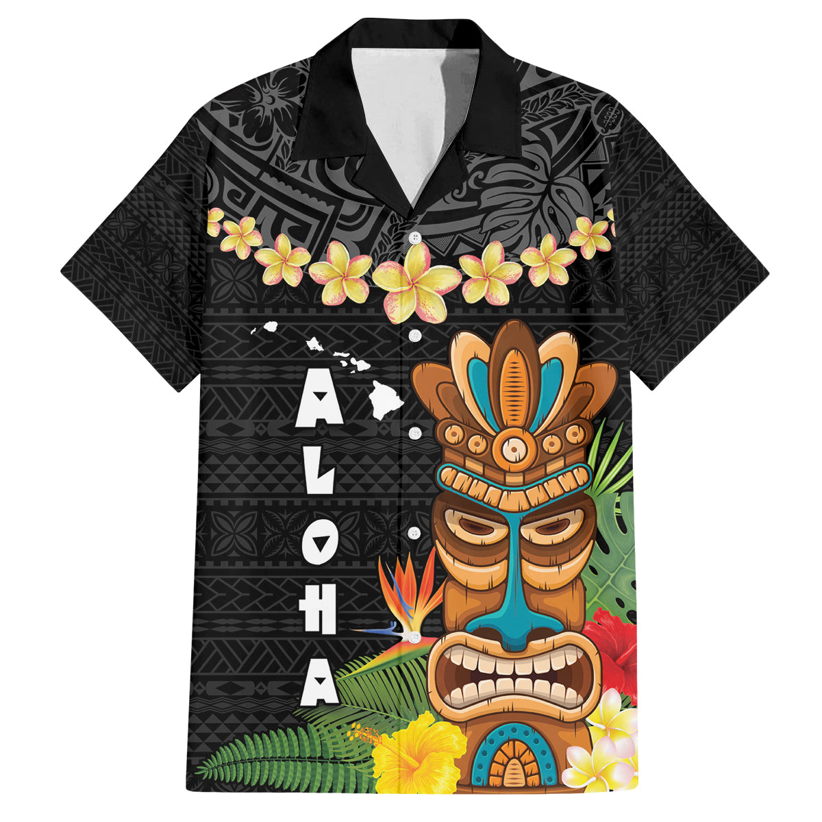 Hawaii Plumeria Lei Family Matching Puletasi and Hawaiian Shirt Tiki and Kakau Pattern Black Color LT03 Dad's Shirt - Short Sleeve Black - Polynesian Pride