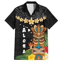 Hawaii Plumeria Lei Family Matching Puletasi and Hawaiian Shirt Tiki and Kakau Pattern Black Color LT03 Dad's Shirt - Short Sleeve Black - Polynesian Pride