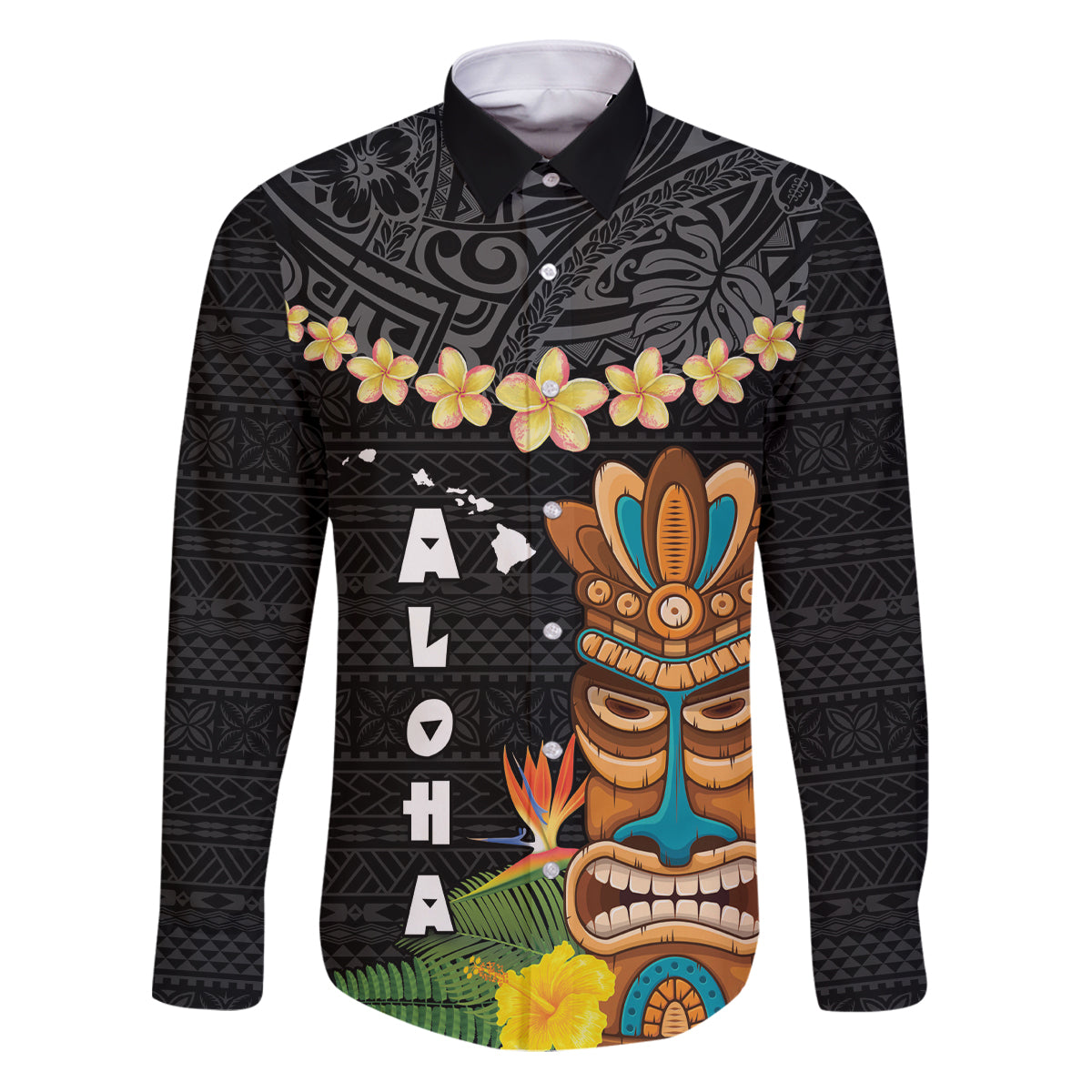 Hawaii Plumeria Lei Family Matching Puletasi and Hawaiian Shirt Tiki and Kakau Pattern Black Color LT03 Dad's Shirt - Long Sleeve Black - Polynesian Pride