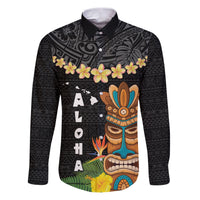 Hawaii Plumeria Lei Family Matching Puletasi and Hawaiian Shirt Tiki and Kakau Pattern Black Color LT03 Dad's Shirt - Long Sleeve Black - Polynesian Pride