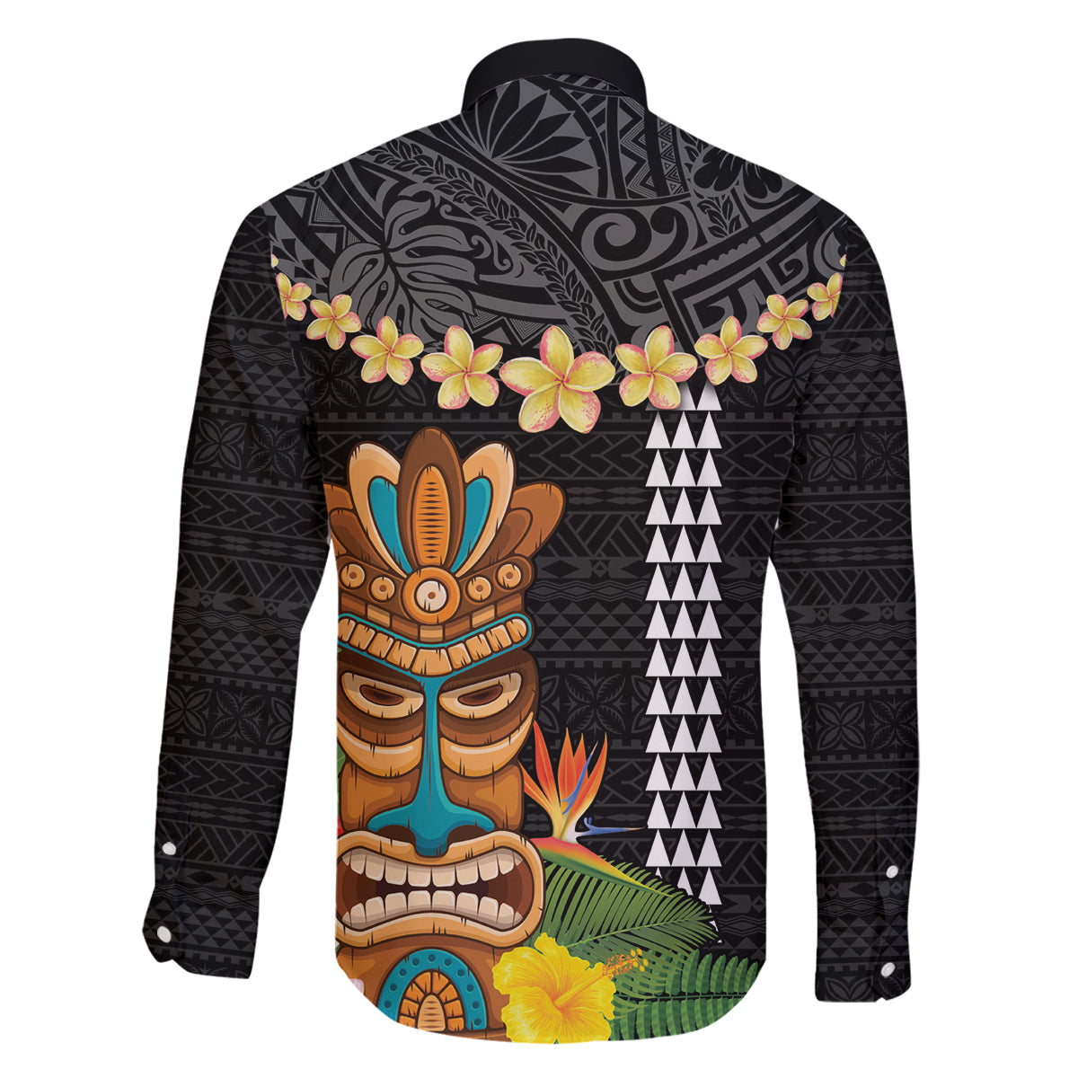 Hawaii Plumeria Lei Family Matching Puletasi and Hawaiian Shirt Tiki and Kakau Pattern Black Color LT03 - Polynesian Pride