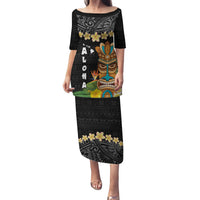 Hawaii Plumeria Lei Family Matching Puletasi and Hawaiian Shirt Tiki and Kakau Pattern Black Color LT03 Mom's Dress Black - Polynesian Pride