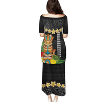 Hawaii Plumeria Lei Family Matching Puletasi and Hawaiian Shirt Tiki and Kakau Pattern Black Color LT03 - Polynesian Pride