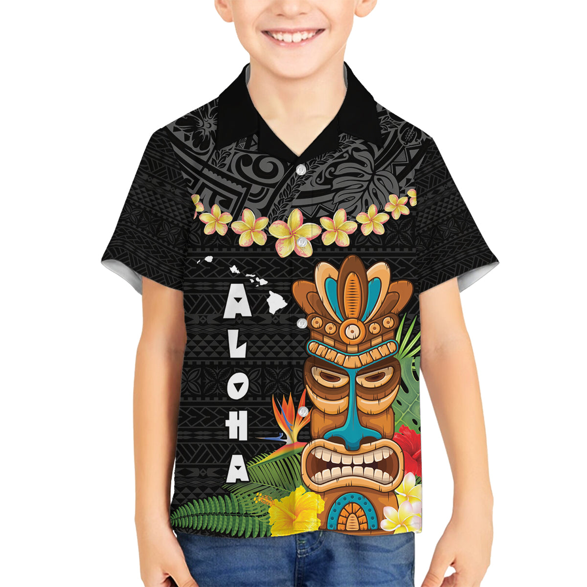 Hawaii Plumeria Lei Family Matching Puletasi and Hawaiian Shirt Tiki and Kakau Pattern Black Color LT03 Son's Shirt Black - Polynesian Pride