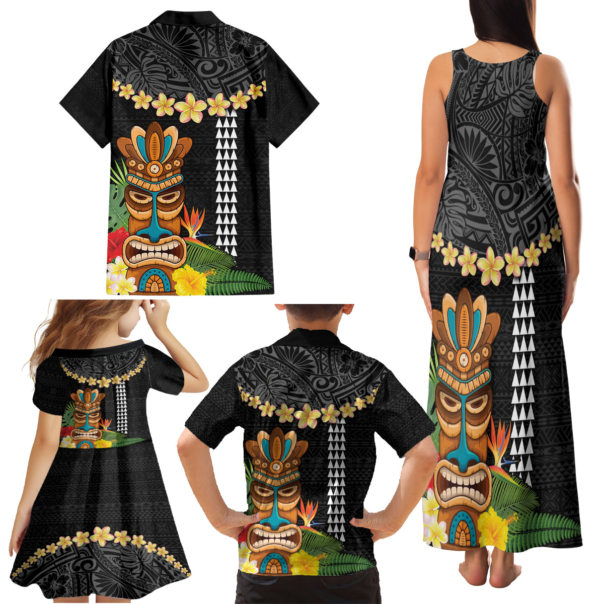 Hawaii Plumeria Lei Family Matching Tank Maxi Dress and Hawaiian Shirt Tiki and Kakau Pattern Black Color