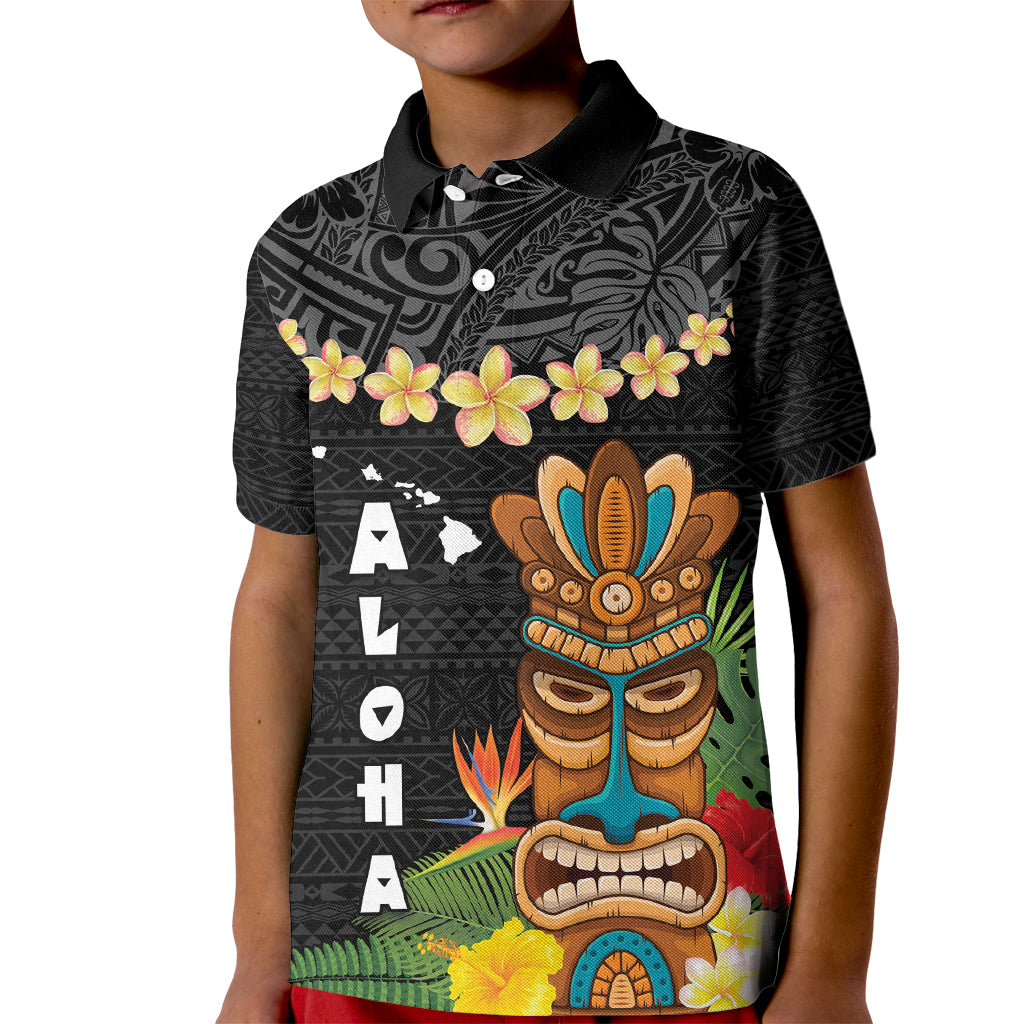 Hawaii Plumeria Lei Kid Polo Shirt Tiki and Kakau Pattern Black Color