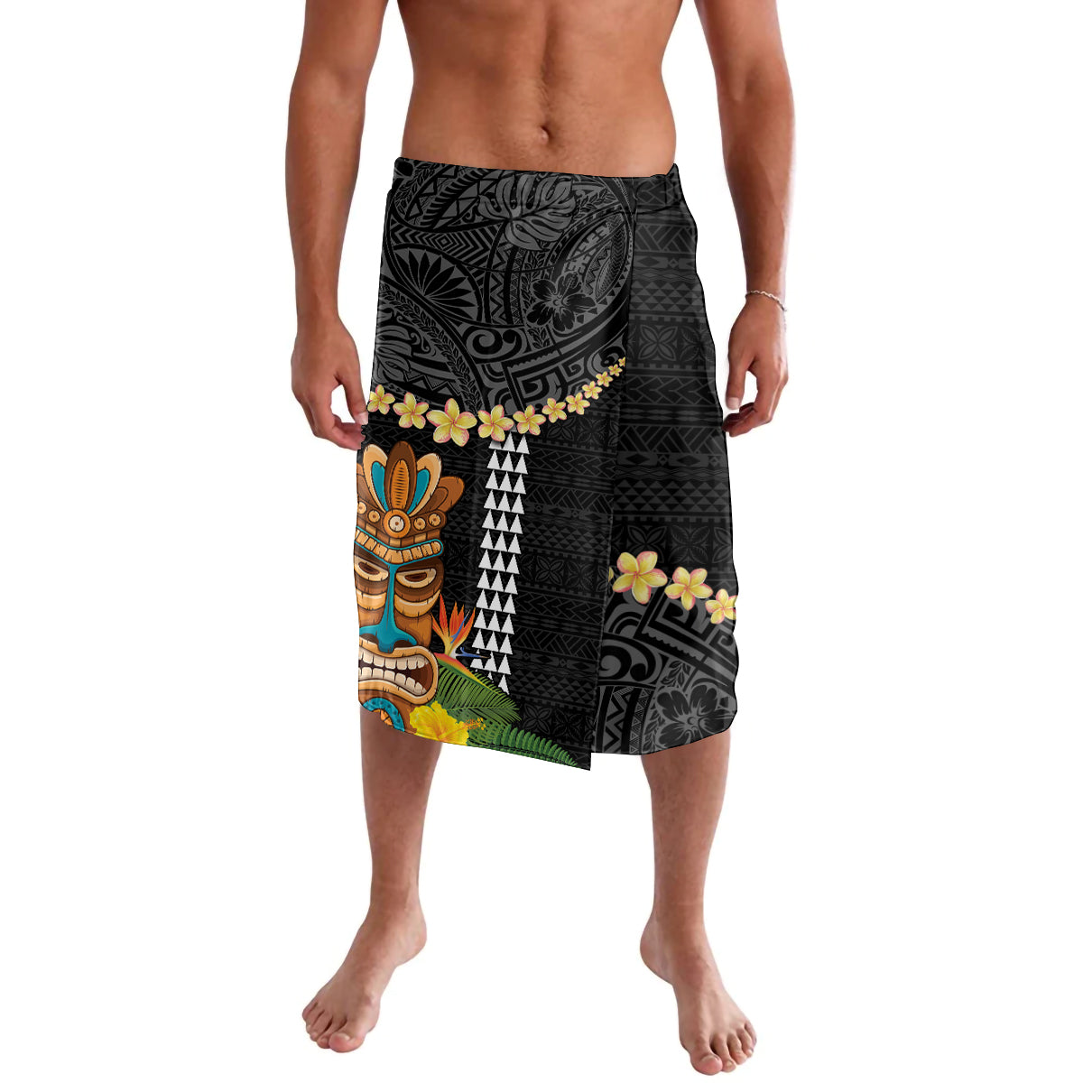 Hawaii Plumeria Lei Lavalava Tiki and Kakau Pattern Black Color