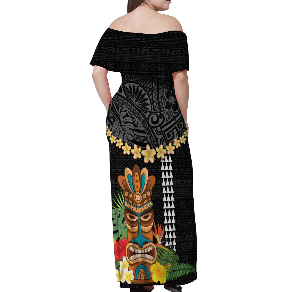 Hawaii Plumeria Lei Off Shoulder Maxi Dress Tiki and Kakau Pattern Black Color