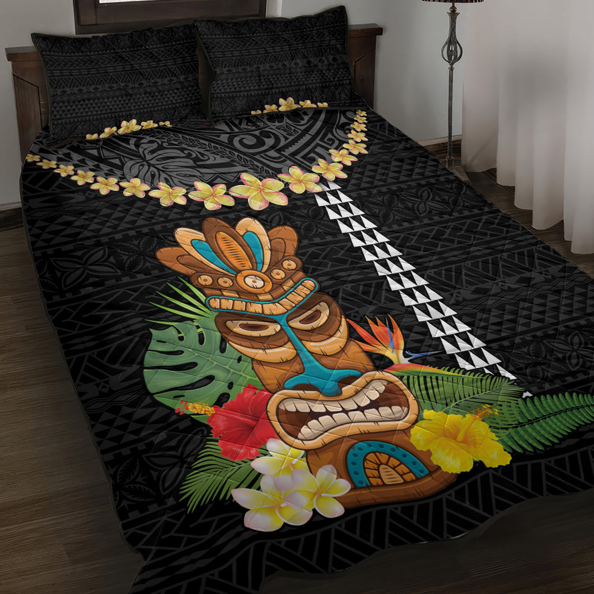 Hawaii Plumeria Lei Quilt Bed Set Tiki and Kakau Pattern Black Color