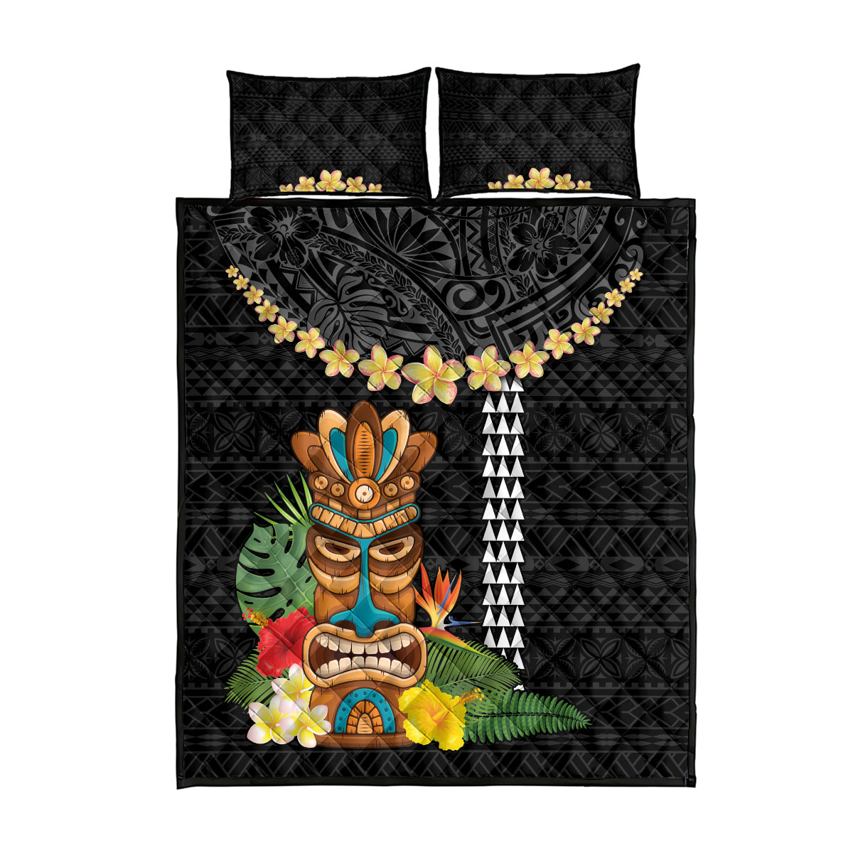 Hawaii Plumeria Lei Quilt Bed Set Tiki and Kakau Pattern Black Color