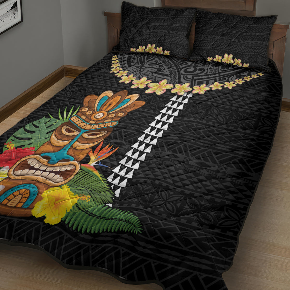 Hawaii Plumeria Lei Quilt Bed Set Tiki and Kakau Pattern Black Color