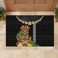 Hawaii Plumeria Lei Rubber Doormat Tiki and Kakau Pattern Black Color