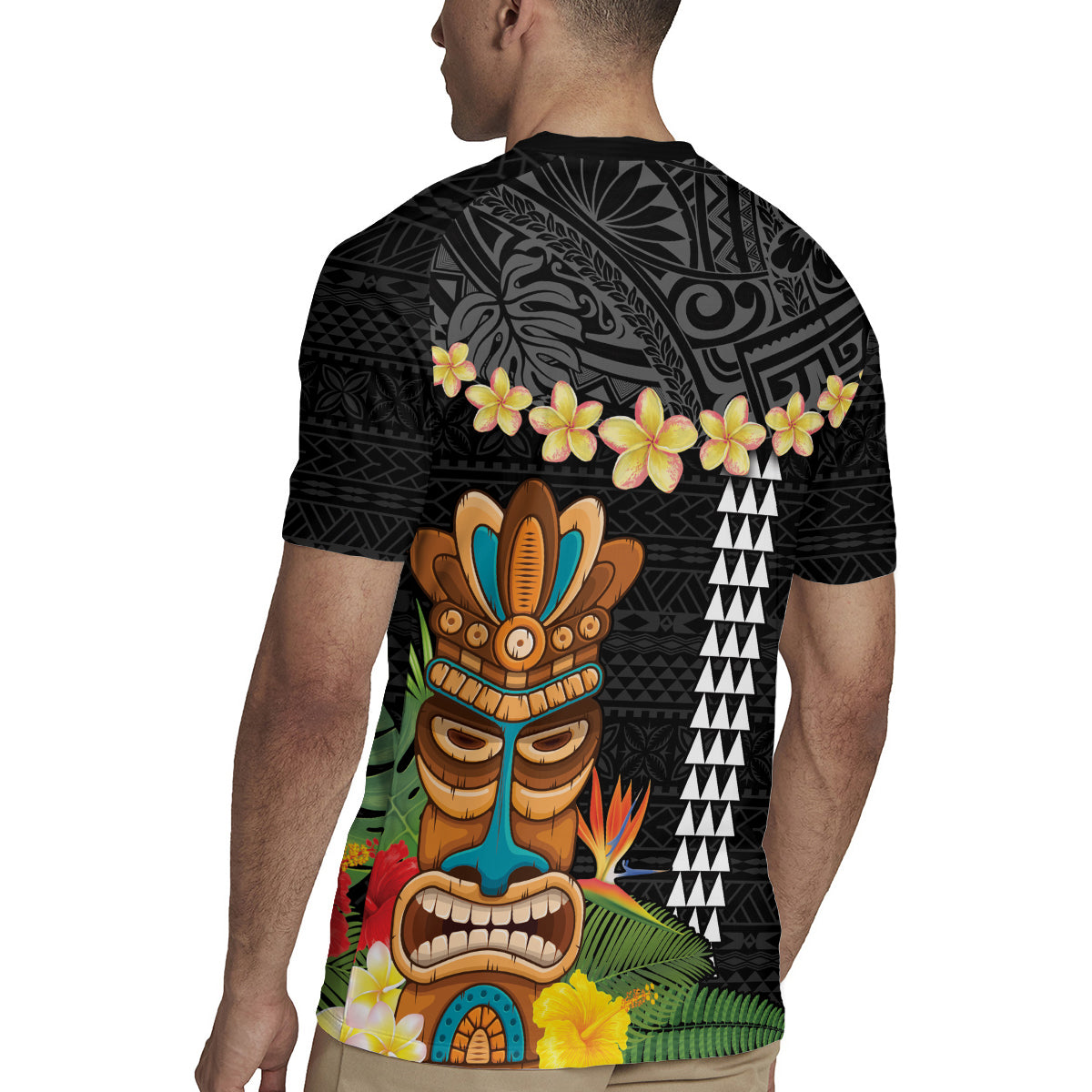 Hawaii Plumeria Lei Rugby Jersey Tiki and Kakau Pattern Black Color