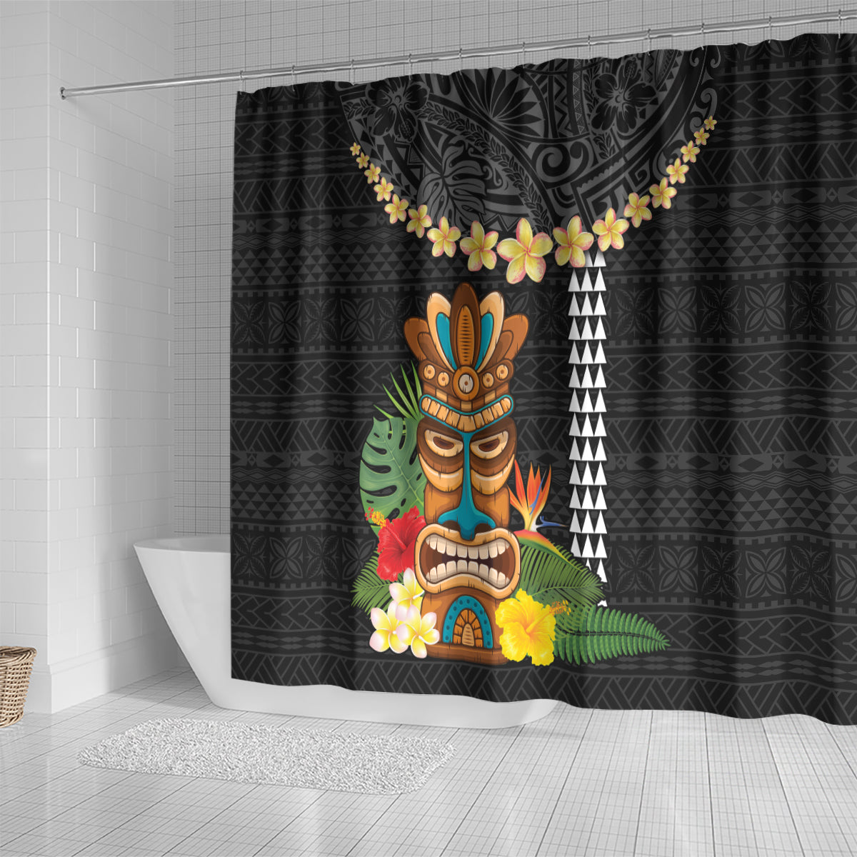 Hawaii Plumeria Lei Shower Curtain Tiki and Kakau Pattern Black Color